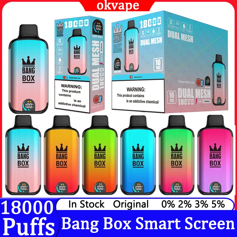 Puff 18k Bang Box 18000 Puffs Smart Screen Cigarettes électroniques jetables à double maille 0% 2% 3% 5% 26 ml Pod prérempli 850 mAh Stylo rechargeable