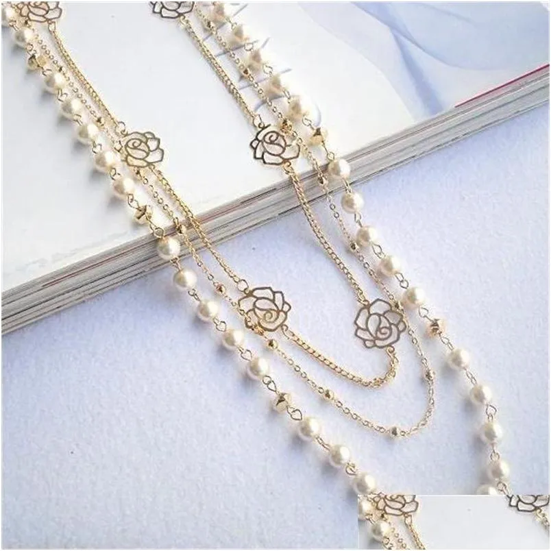 Strands, Strings New Bohemian Mti Layer Chain Strands Long Necklaces For Women Vintage Gold Hollow Flower Pearl Sweater Neck Dhgarden Dhuuz