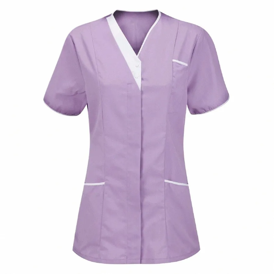 Uniforme Enfermeira Mulheres Manga Curta Com Decote Em V Top Uniforme De Trabalho Bolso Sólido Blusa Uniformes Clínicos Senhoras Uniformes Médicos 25Ii #