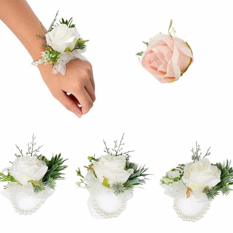 koreansk stil vit rose corsage handled från brudtärna brud hand fr boutniere falska pärlarmband bröllop accores g6xe#