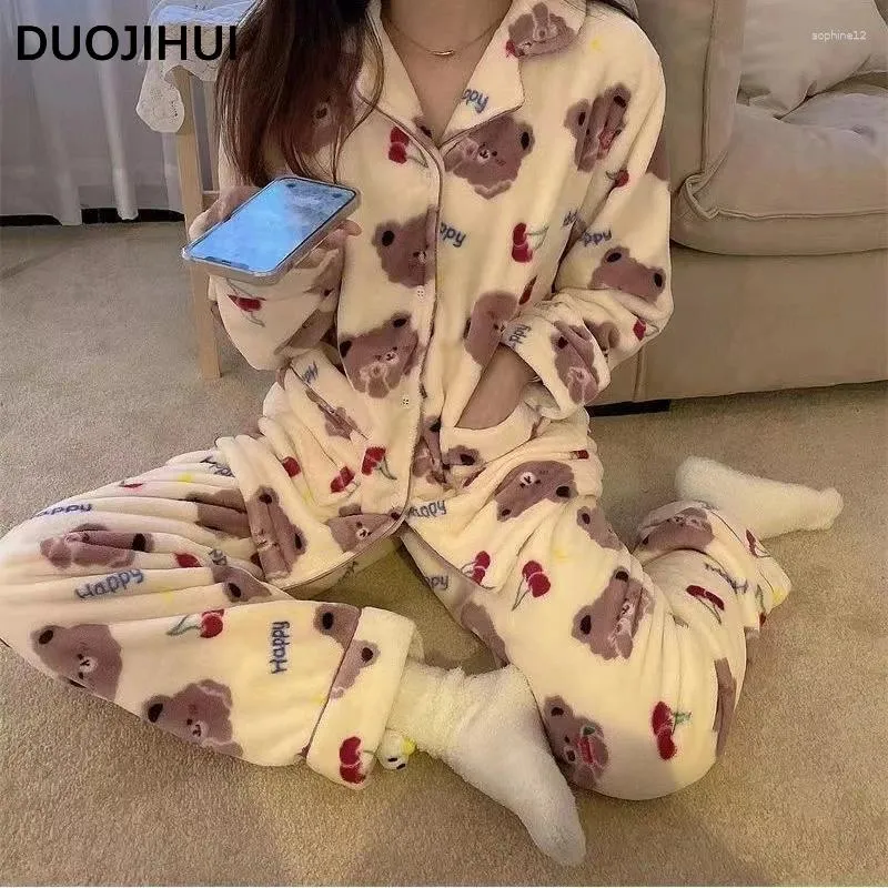 Home Clothing Duojihui ins Chicly Printing Contrast Kolor Kobiet Kobiet Pajamy Zestaw zimowej flanel