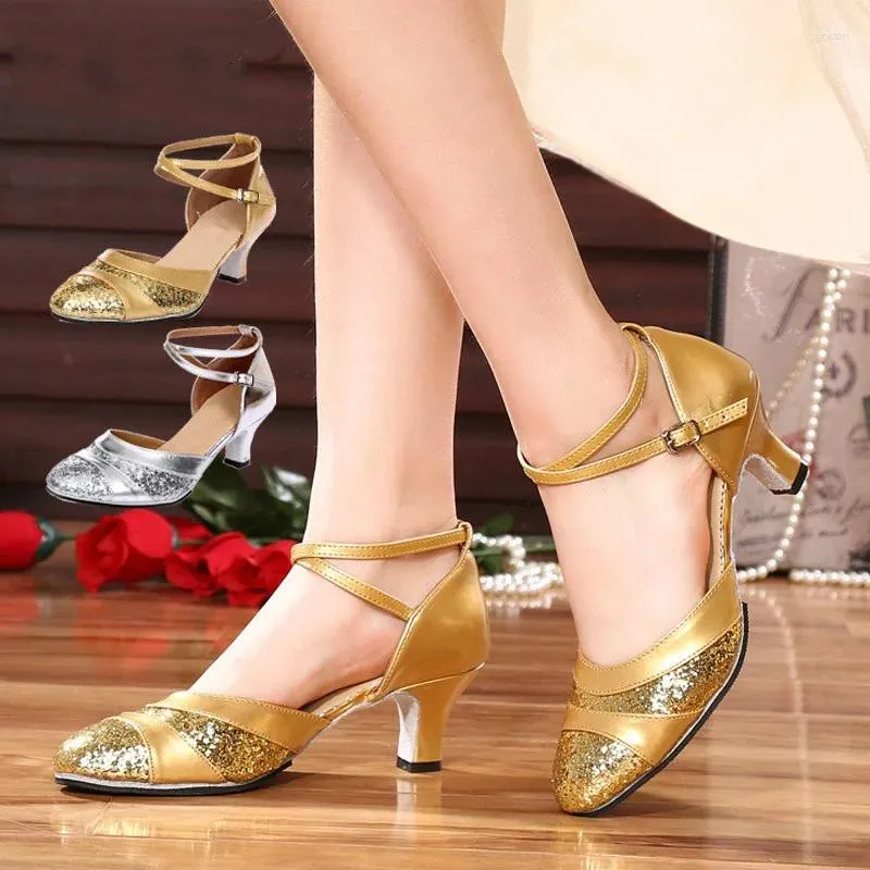 Dance Shoes Adult Sequin Square Closed Toe Salsa Women Ladies Girls Gold Silver Latin