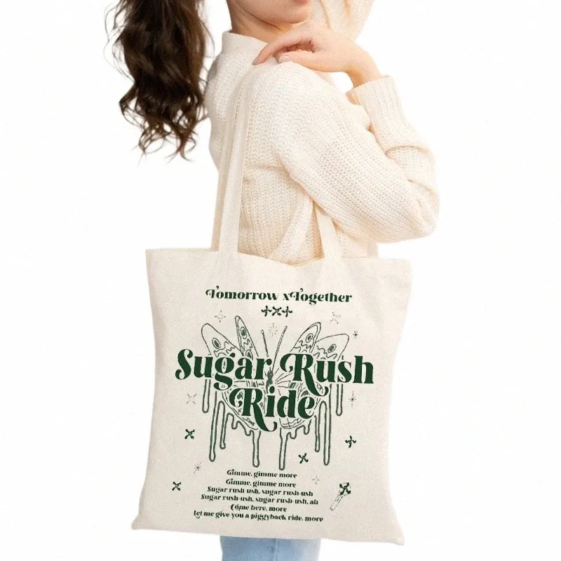 Bolsa de ombro de lona com padrão Sugar Rush Ride, bolsa txt kpop, Tomorrow By Together impressão em tela j5tT #