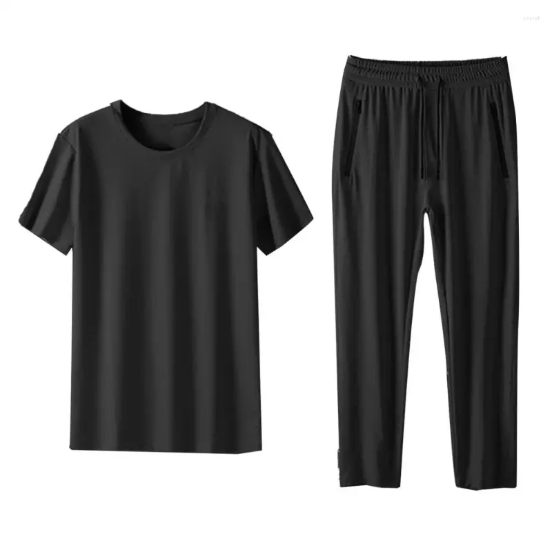 Survêtements pour hommes Hommes Casual Deux pièces Costume Sport Outfit Set avec T-shirt à col rond Taille de cordon élastique Pantalon de survêtement pour tous les jours