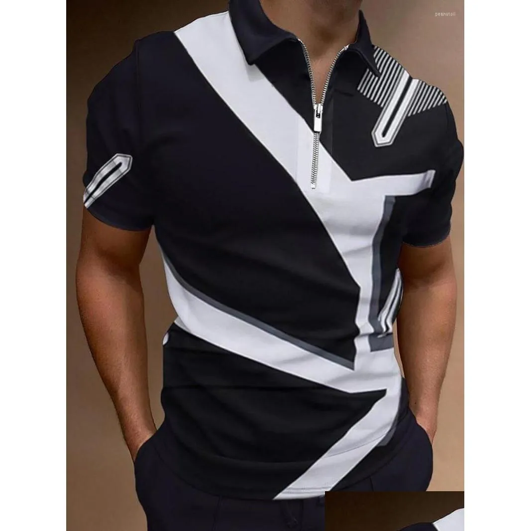 Mens Polos S 2023 Men Shirts Summer High Quality Casual Daily Short Sleeve Striped Turn-Down Collar Zippers Tees Drop Delivery Apparel Dheic