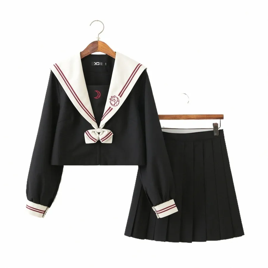 japanese Sailor Suit Lg Sleeve JK School Uniform Sets For Girls White Shirt And Dark Blue Pleated Skirt Suits Student Cosplay h3Rm#