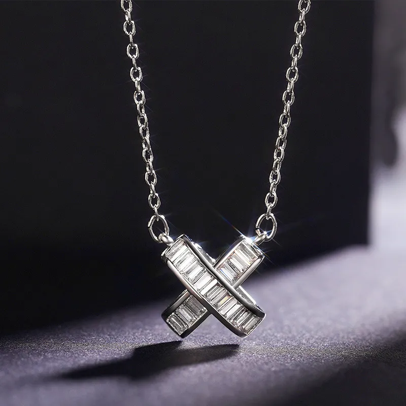 Simple Fashion Jewelry Cross Pendant 925 Sterling Silver Fill Princess Cut White 5A Cubic Zircon CZ Diamond Gemstones Women Clavicle Necklace Gift