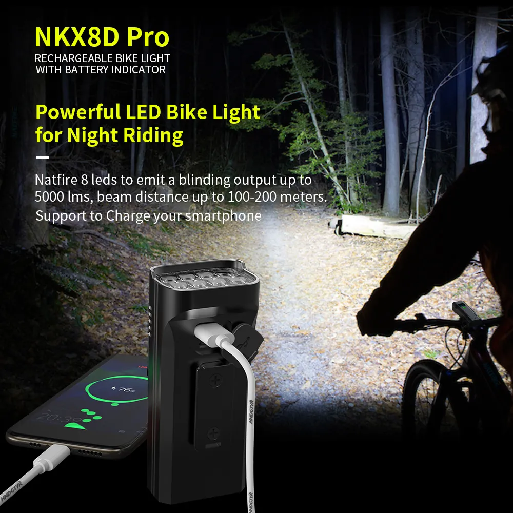 Natfire 8-6 LED Bicycle Light USB C oplaadbare fietslamp 10000mAh als powerbank voor- en achterlichten set optioneel