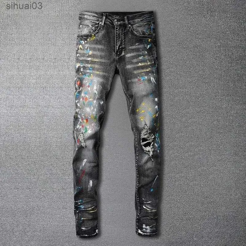 Jeans masculins Pear Denim Pantalon Old Washed Stretch Jeans New Retro Splatter Ink Jean Hombre Patch Street Bike TRIPLE TRIPLED TROURL2403