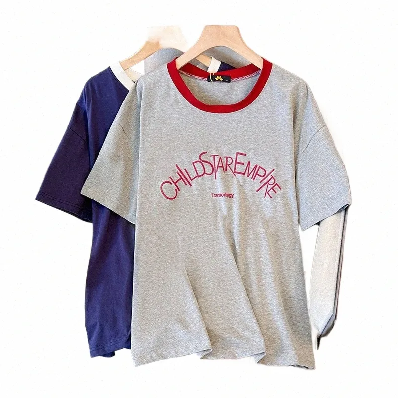 150kgプラスサイズの女性のバスト157サマールーズコットCtrastショートスリーブTシャツブルーグレー6xl 7xl 8xl 9xl 10xl 66kl＃