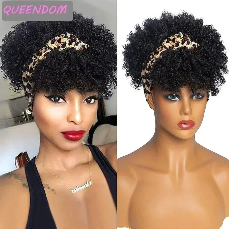 Perruques Afro Curly Wrap Wig Short Pinky Curly Women's Wigs with Turban Turban Res résistant à la chaleur Synthétique Curly Band Perc Peruca Cosplay