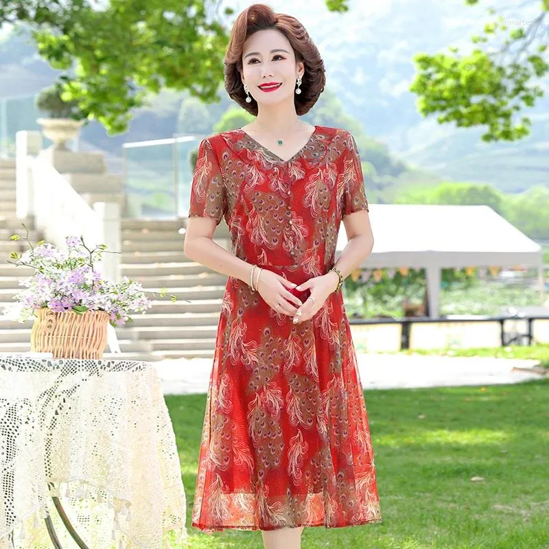 Vestidos casuais pavão impressão malha vestido de renda com decote em v elegante a linha manga curta verão mulheres coreano midi vestido