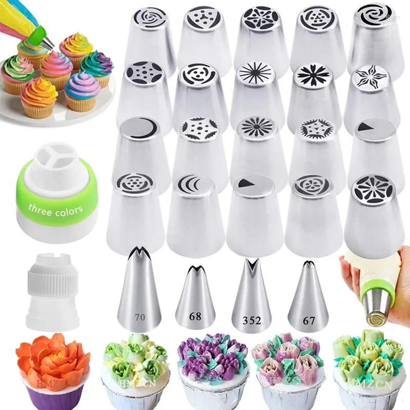 Bakgereedschappen 26 STKS/SET Russische Gebak Tip Icing Piping Roestvrijstalen Mondstuk Cake Decaretion Tool Set En 2 Stuks Koppeling Accessoires