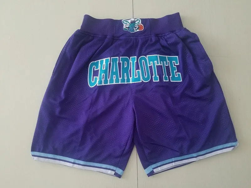 Mens''charlotte''hornets''authentic shorts basket retro mesh broderad casual atletiska gymnastag shorts lila