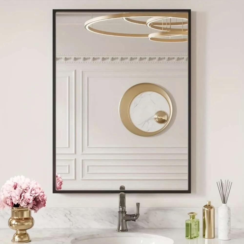 Specchio da bagno rettangolare da 24"X32", telaio in lega di alluminio nero opaco, vetro temperato, da appendere verticalmente o orizzontalmente, facile da installare, decorazione per la casa
