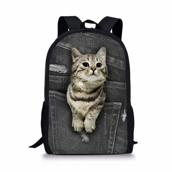 Sacs Animal noir Denim poche chat chaton étudiant sacs d'école cahier sacs à dos 3D imprimé Oxford imperméable garçons filles sacs de voyage