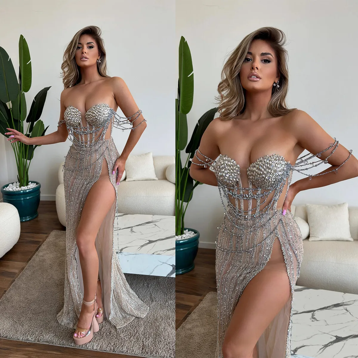 Sexy sirène robes de bal chérie perles chaînes côté fendu dentelle dos nu fermeture éclair balayage train sur mesure robe de soirée robe de nuit