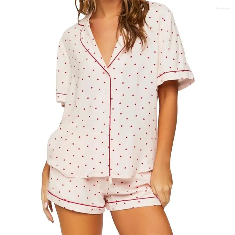 Accueil Vêtements Ensemble de pyjama d'été pour femmes imprimé coeur doux 2 pièces vêtements de détente costumes manches courtes chemises amples hauts et shorts vêtements de nuit