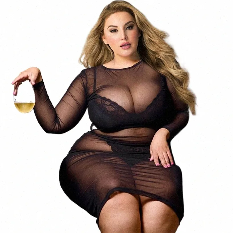 Plus Size Women Clothing LG Sleeve Lingerie Dr Mesh Sext Night Dr Stretch Se genom Design Ruched Bodyc Dr P2oe#