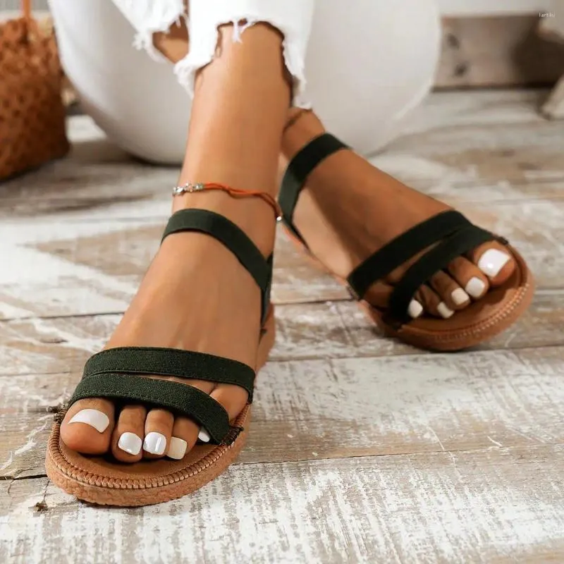 Freizeitschuhe für den Sommer, Damen-Sandalen mit offener Spitze, dünn, elastisch, niedriger Absatz, flach, bequem, weiche Sohle, Übergröße