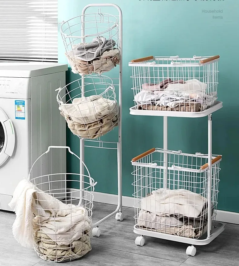 Double Layer Cloth Storage Baskets Rack Floor Stand Bathroom Clothing Sundries Iron Laundry Basket with Wheel 240319