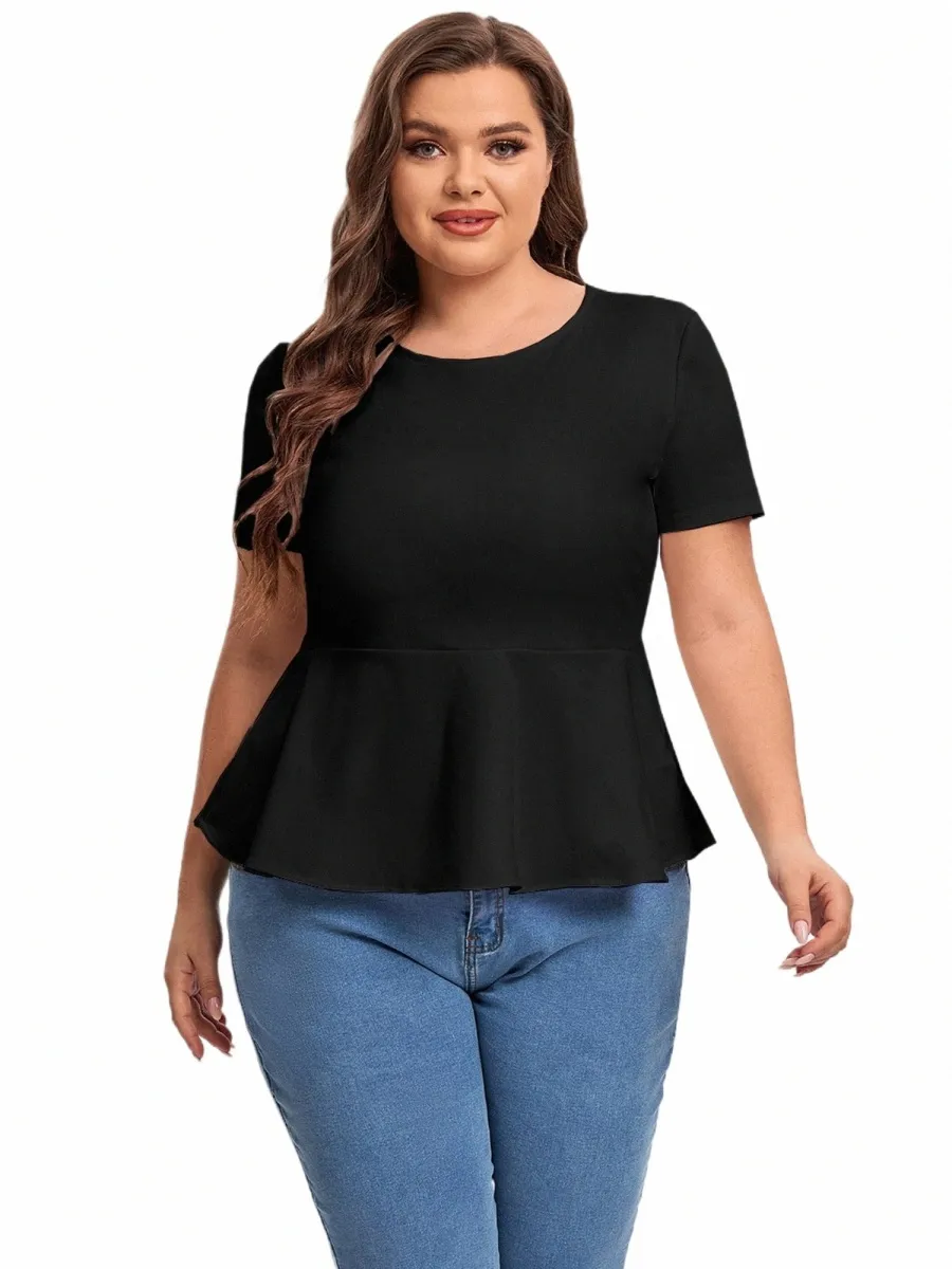 plus Size Short Sleeve Elegant Summer Peplum Tops Women Keyhole Back Casual Ruffle T-shirt Tee Plus Size Clothing Women 6XL 7XL K3W3#