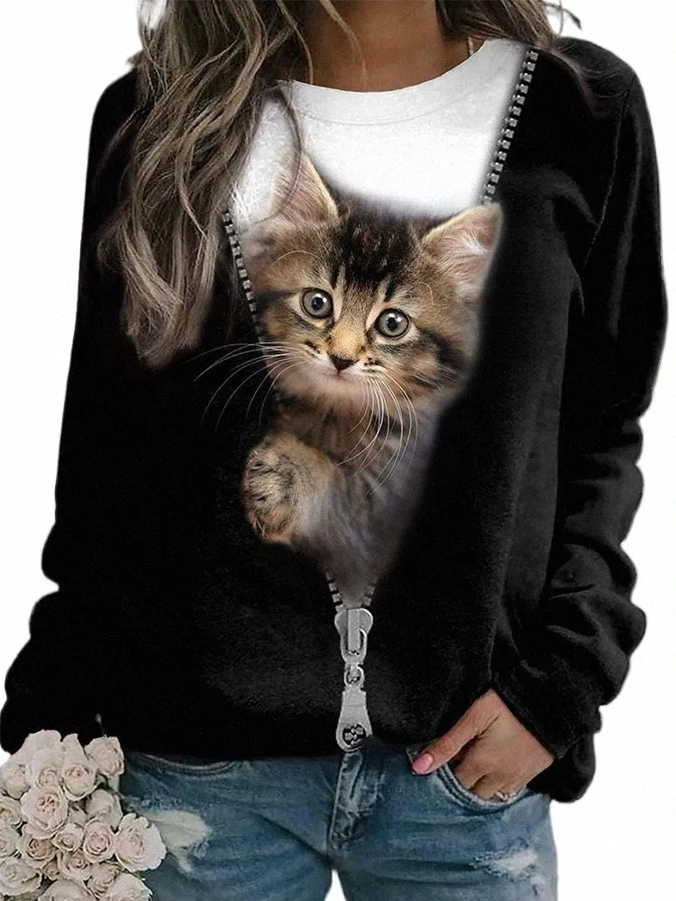 Plus Größe 5XL 2023 Beliebtes Damen-T-Shirt LG-Hülsen-Rundhals-T-Shirt Bunte Katzen Katze 3D-Druck Übergroße lose beiläufige Tops O2HD #