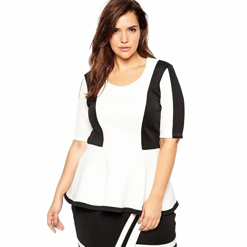 Plus Size Summer Elegant Peplum Top Women Half Sleeve Black and White Ruffle Hem Blouse Kvinnlig Storlek Office T-shirt 6xl 7xl A8RP#