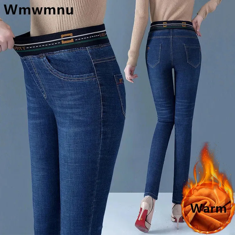 Vinterplysch sammet fodrad blyertspenna jeans kvinnor förtjockar mager hög midja denim byxor varm stor storlek 36 stretch kot pantolon stretch 240314