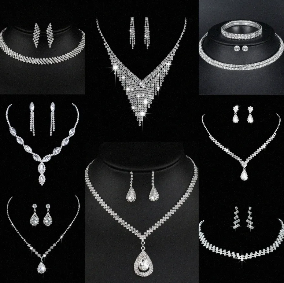 Värdefull laboratorium Diamond smycken Set Sterling Silver Wedding Halsbandörhängen för kvinnor Bridal Engagement Smycken Gift V6OG#