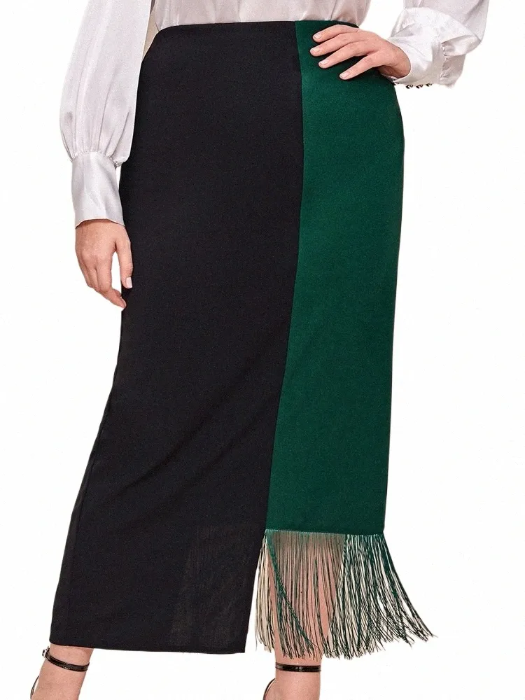 Plus la taille des jupes élégantes Wemen taille haute Lg longueur midi Patchwork noir vert gland jupe bureau dame travail soirée fête nouveau C7eq #