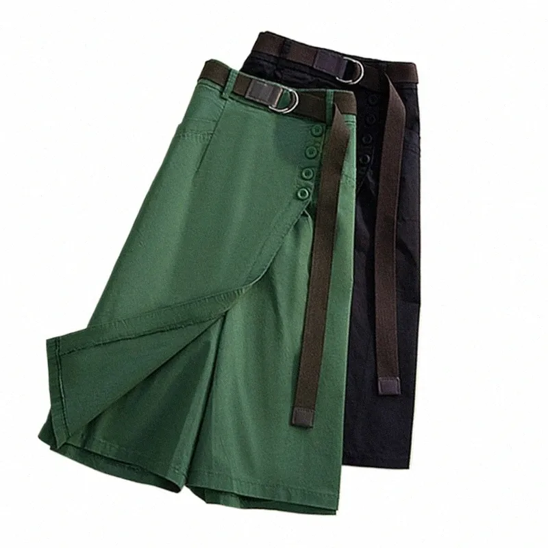 Plus Size Green Butt Patchwork Unregelmäßige Bermuda Shorts Weibliche Taschen Knielange A-Linie Röcke Casual Lose Gürtel Schwarz Rock H0gZ #