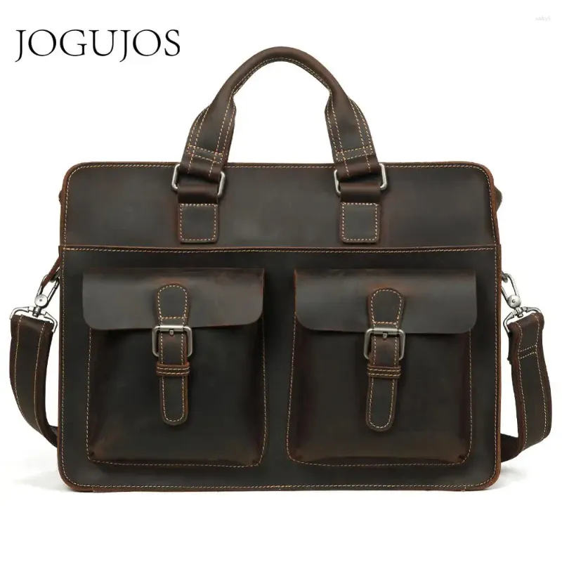 BRECHCASES JOGUJOS VINTAGE Äkta läder Mäns portfölj Crazy Horse Male Laptop Crossbody Bag Men Business Travel