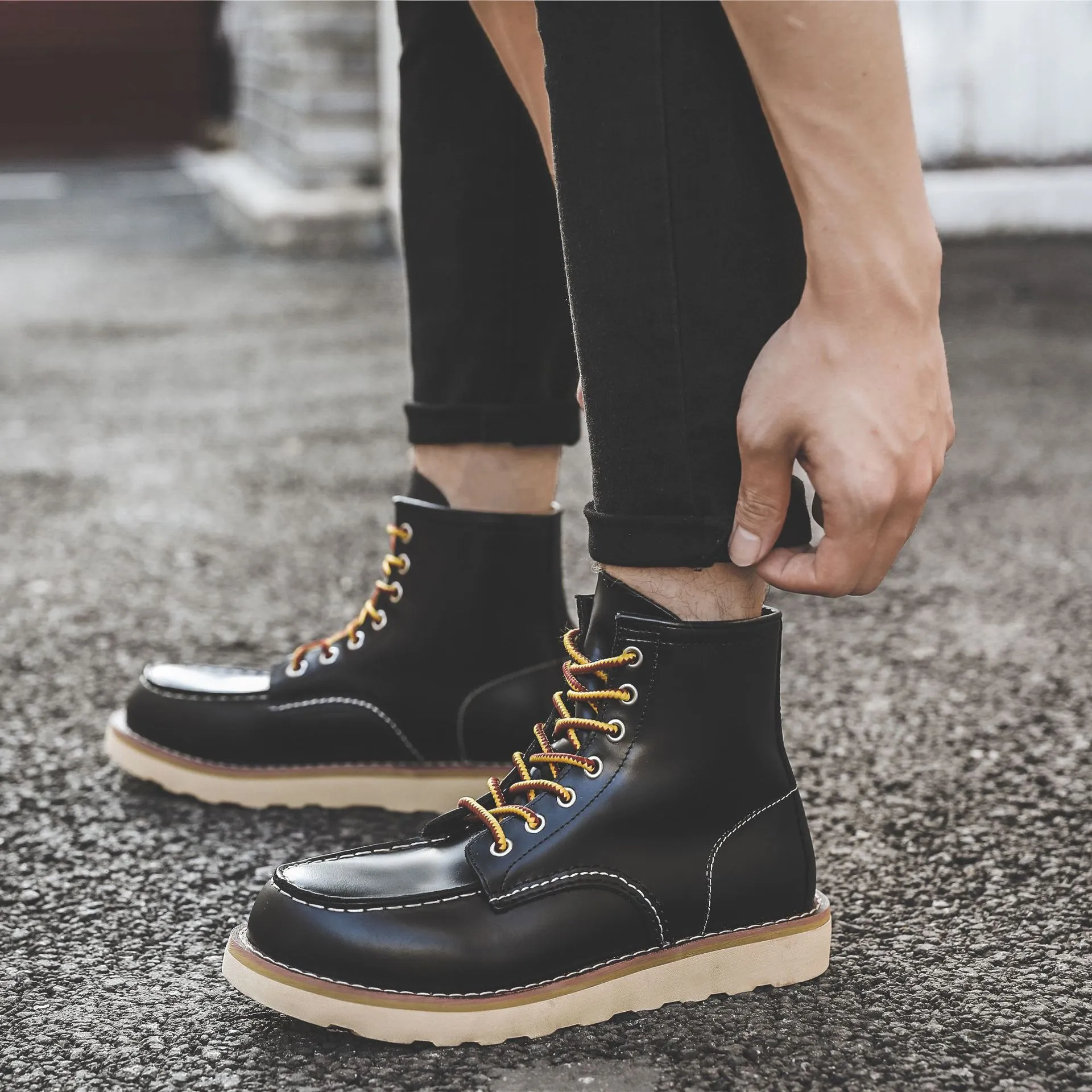 Herren Frühling Winter Freizeitschuhe Runde Zehen Echtleder Arbeitsstiefel Knöchel Vintage Militär Motorradstiefel Schnee Warm Große Größe_voghion.com