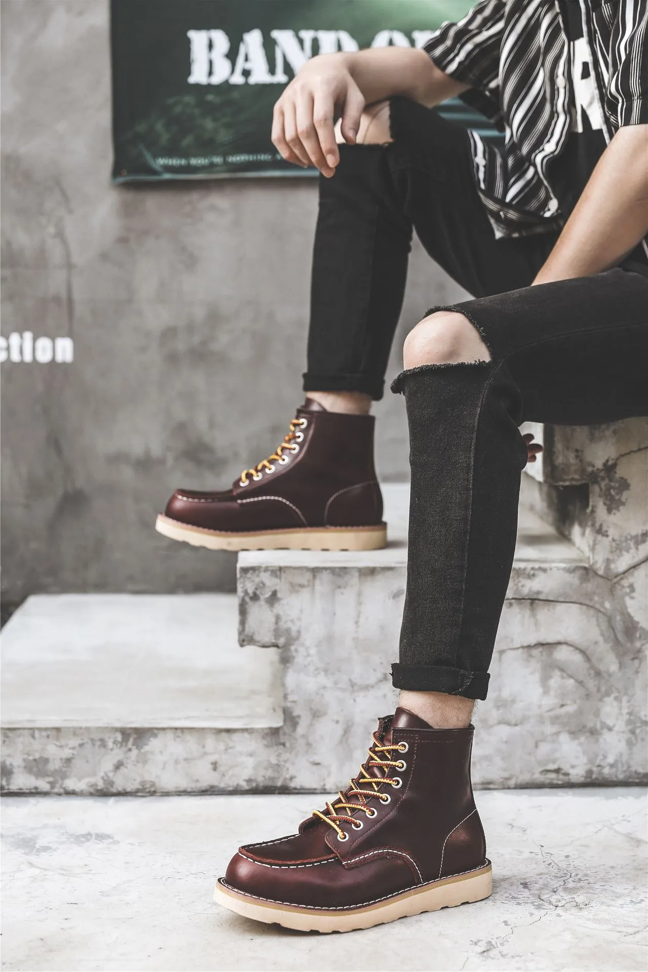 Herren Frühling Winter Freizeitschuhe Runde Zehen Echtleder Arbeitsstiefel Knöchel Vintage Militär Motorradstiefel Schnee Warm Große Größe_voghion.com