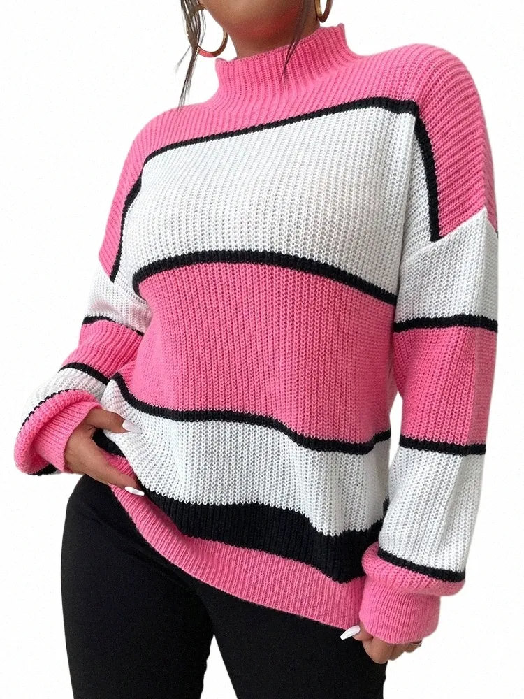 OneLink Women's Sweater Autumn Plus Size Oversize Clothing Sticking Wide White Pink Rands Pullover Turtleneck LG Sleeve Tops A3OI#