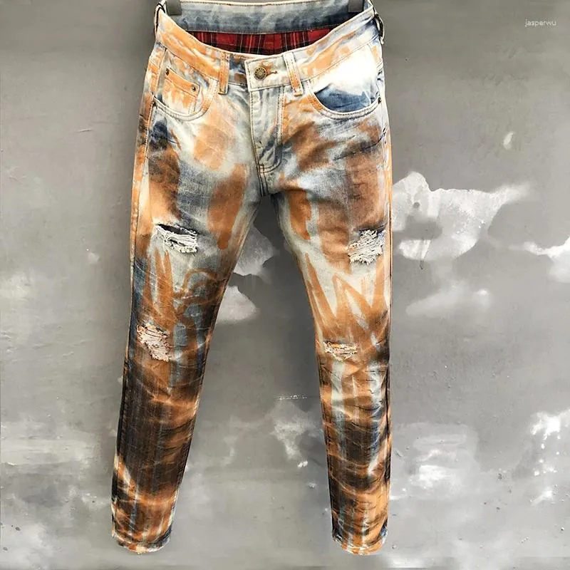 Jeans da uomo skinny strappati per uomo High Street vernice arancione slim Jean pantaloni casual da festa alla moda streetwear pantalones