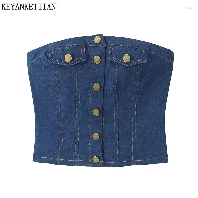 Tanks Femmes Keyanketian Femmes Sexy Bretelles Simple Boutonnage Denim Tube Corset Summer Dames Back Plis Taille Haute Wrap Poitrine Crop Gilet