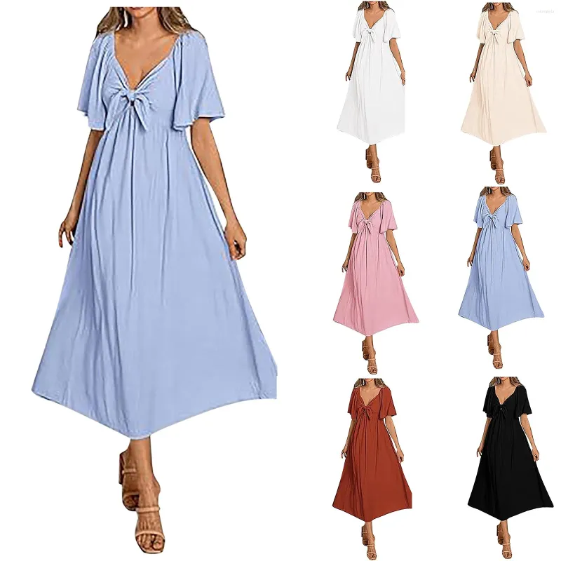 Robes décontractées femmes été manches courtes col en V bouton cordon de serrage maxi couleur unie boho longue robe à œillets