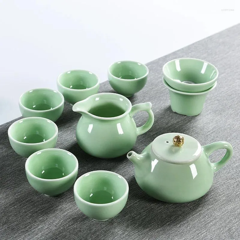 Zestawy herbaciarni Ceramiczny Zestaw Herbaty Herbaty Celedon Boczny garnek stały kolor filiżanka Japońska sprawiedliwość 6-osobowa kombinezon
