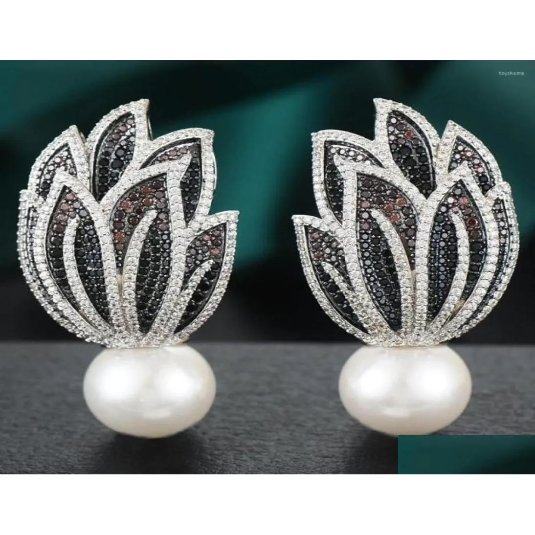 Boucles d'oreilles Godki luxe à la mode feuille grande boucle d'oreille pour les femmes fête Imitation perle cubique zircone haute bijoux dépendance livraison directe Ot4Gb