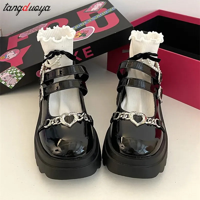 blingqueen dames plateaupumps Mary Jane hoge hakken met blokhak riempjespumps lak, Zwarte lak, 41 EU