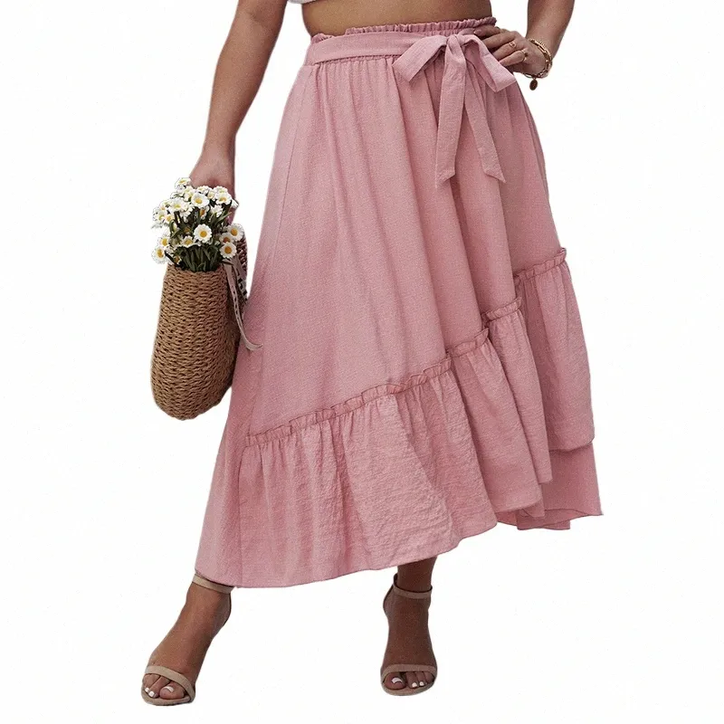 2024 neue Frühling Sommer Plus Größe Frauen Kleidung Casual Rüschen Röcke Erfrischende Rosa Elastische Taille EINE Linie Rock B2SP #