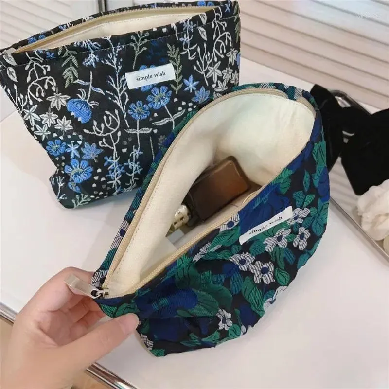 Sacos de armazenamento Retro Azul Verde Floral Jacquard Embreagem Saco Cosmético Grande Capacidade Skincare Higiene Pessoal Organizador Diário Maquiagem Bolsa