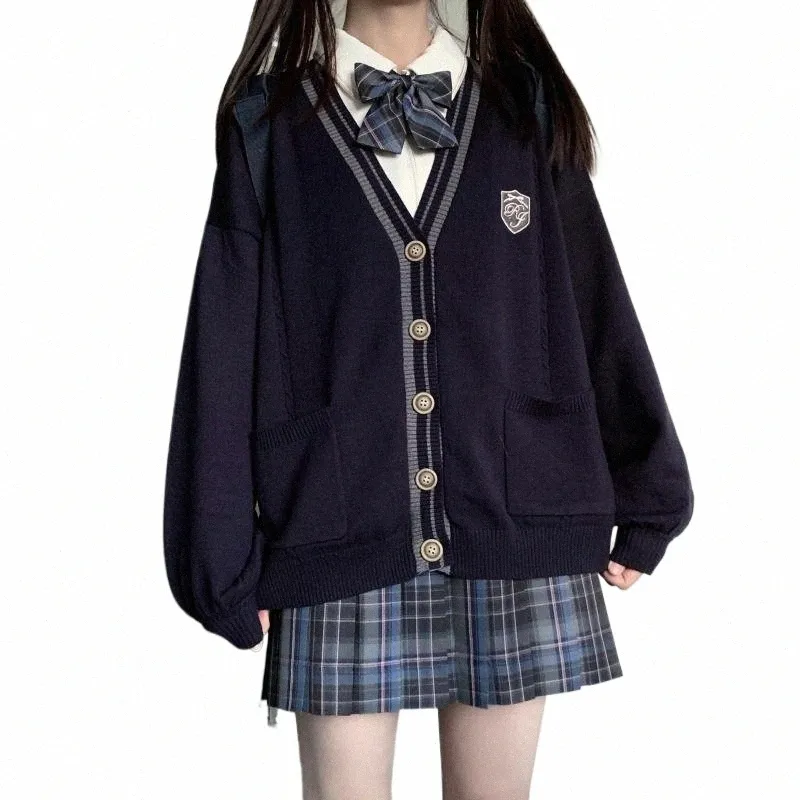 Cardigan de malha College Style Japonês JK Uniforme Azul Lg Manga Suéter Bordado Estudante Coreano Solto Escola Meninas Uniforme e2bm #