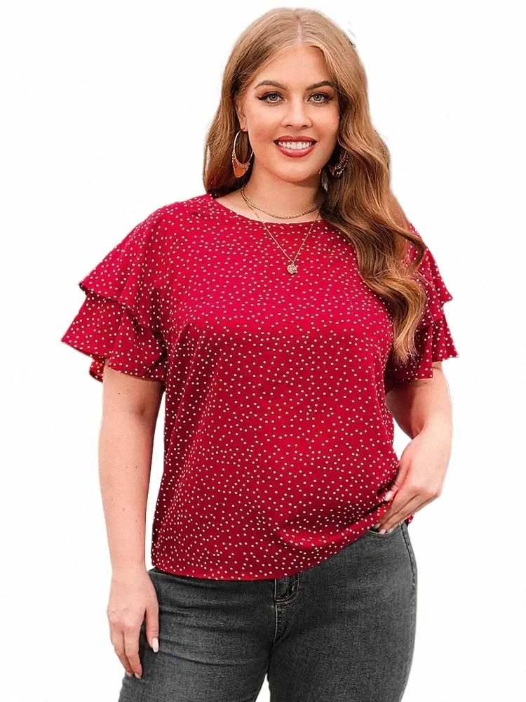 gibsie Plus Size Polka Dot O-Neck Layered Butterfly Sleeve Blouse Women Boho Fi Summer Sweet Loose Casual Tops Blouses Y7OE#