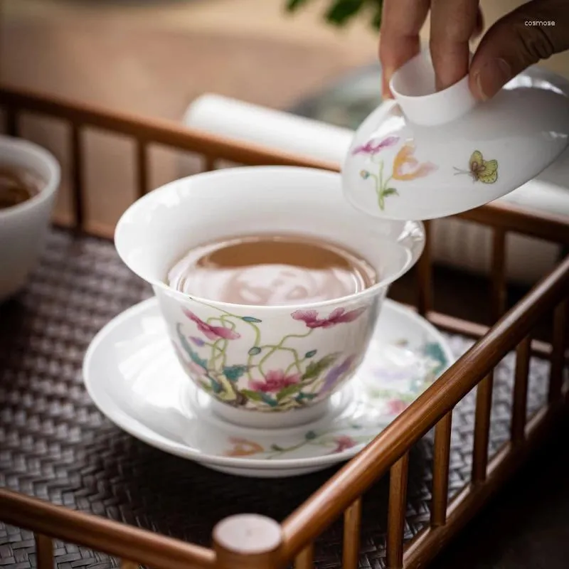 Ensembles de service à thé, bol à couvercle en céramique, tasse à thé unique en émail Yu Mei Sancai, ensemble chinois fait à la main