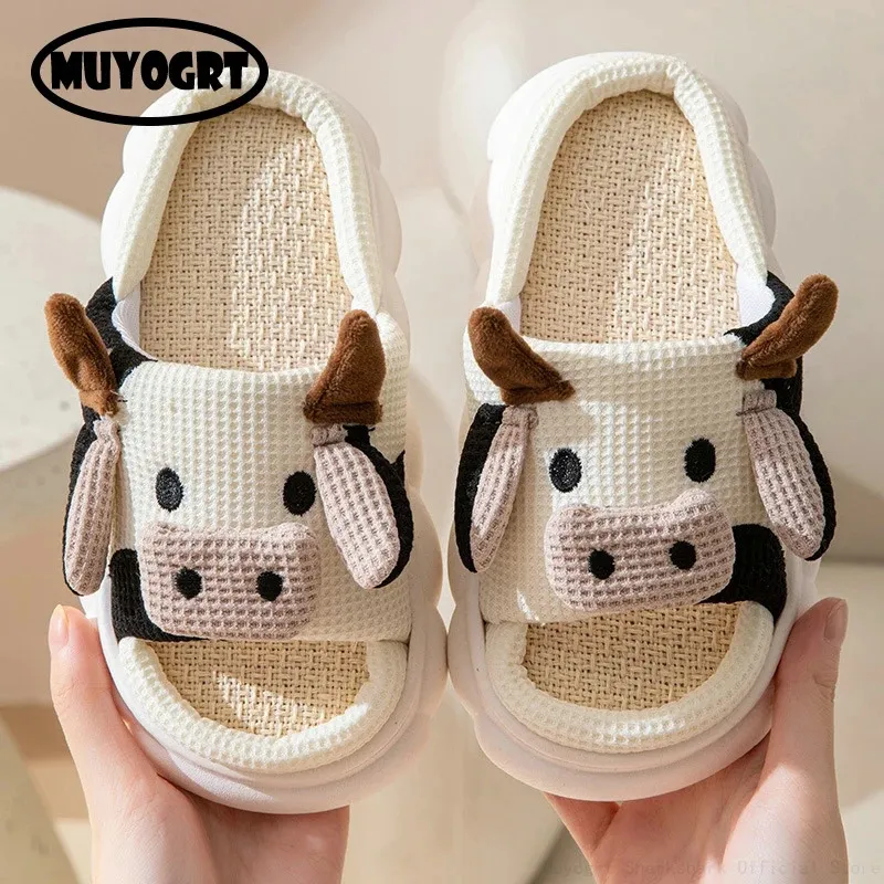 Schattige Kinderen Koe Linnen Slippers Ademend Antislip Comfortabele Zachte Dikke Zool Cartoon Slippers Thuis Baby Meisjes Jongens Kinderschoenen 240318