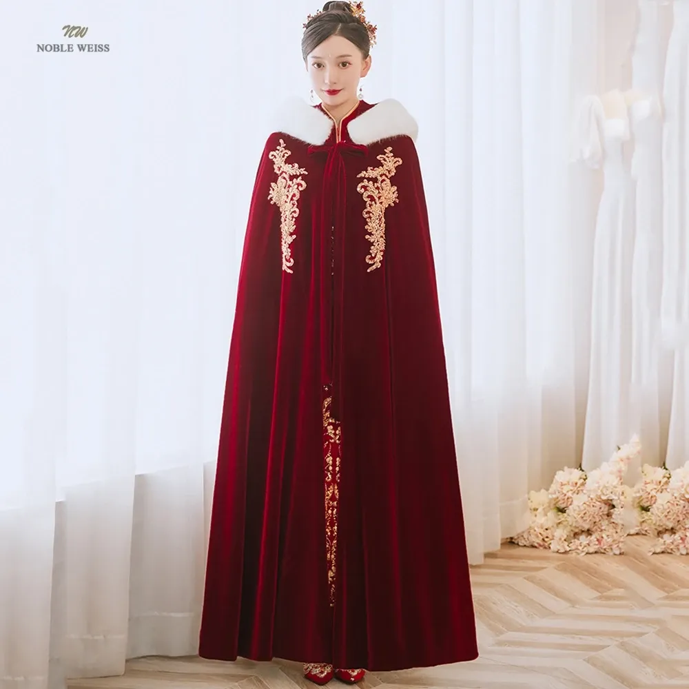 Velvet Wedding Cape Long Warm Bridal Cloak Floor Length Shawl Wrap for Winter Weddings 2024
