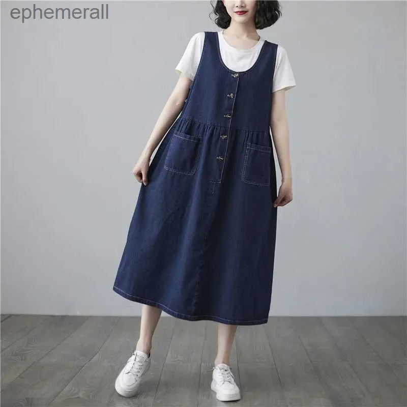Urban Sexy Dresses #2119 Overalls Denim Dress Women Buttons Casual A-line Jeans Sleeveless Loose Pockets Korean Style Female yq240330